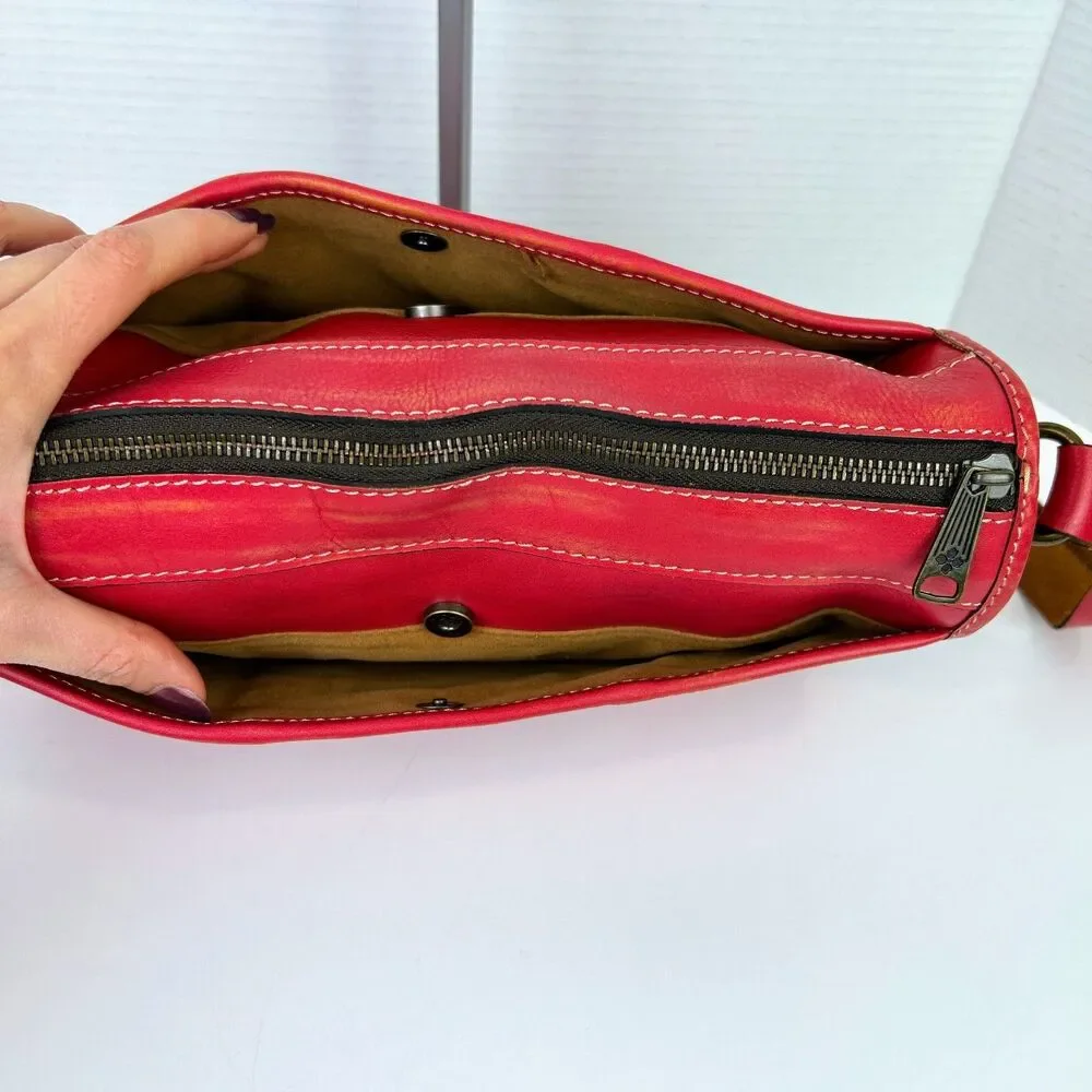 Patricia Nash Red Leather Crossbody Bag Purse Distressed Classic Western Pockets